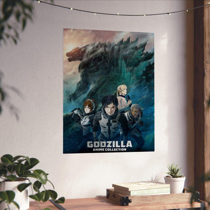 Godzilla Anime Trilogy Movie Collection Art poster unframed on a white wall above a desk
