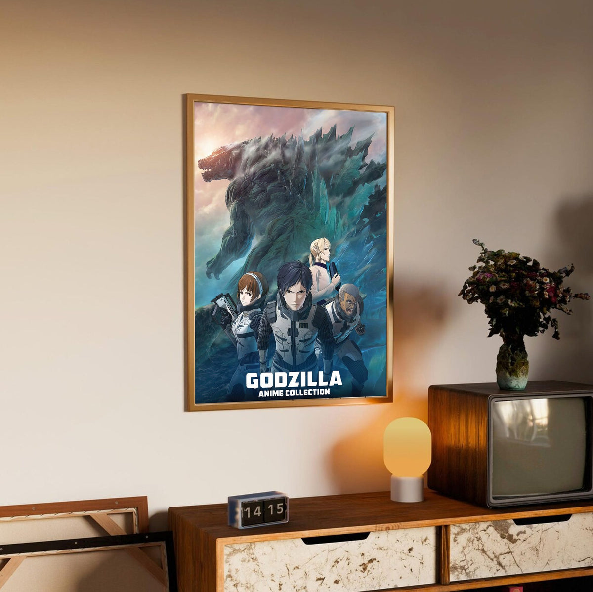 Godzilla Anime Trilogy Movie Collection Art poster in an oak frame above a sideboard