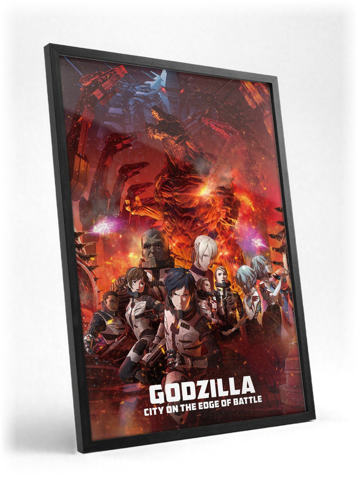 Godzilla: City on the Edge of Battle (2018) Movie Key Art poster in a black frame with glass leaning against a wall