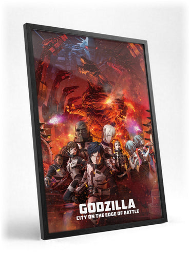 Godzilla: City on the Edge of Battle (2018) Movie Key Art poster in a black frame with glass leaning against a wall