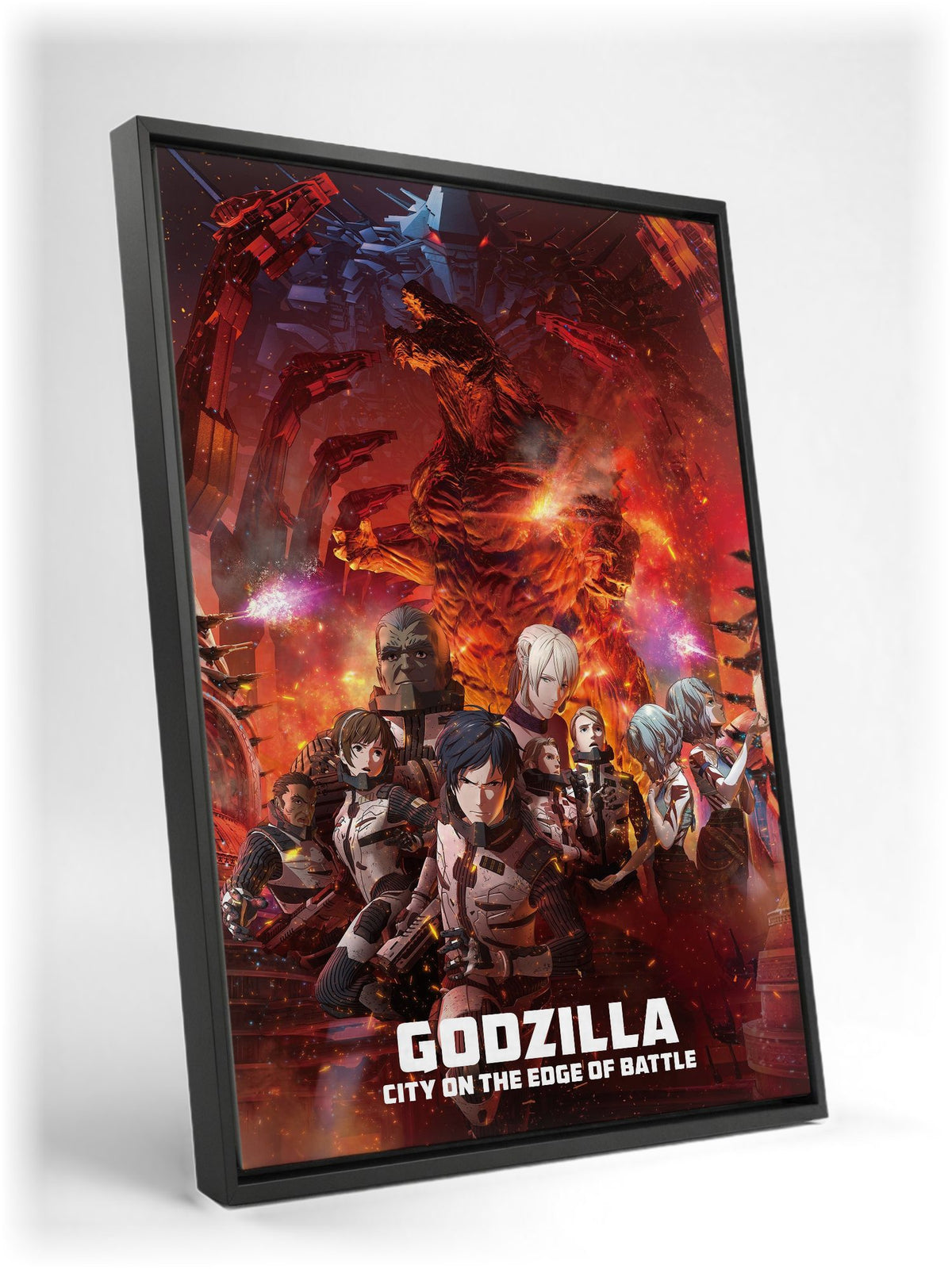 Godzilla: City on the Edge of Battle (2018) Movie Key Art as a black floater framed canvas leaning against a wall