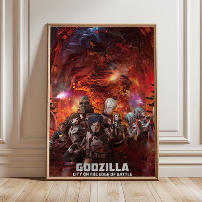 Godzilla: City on the Edge of Battle (2018) Movie Key Art poster in a light oak frame leaning against a white wall