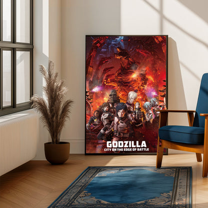 Godzilla: City on the Edge of Battle (2018) Movie Key Art poster framed beside a blue armchair in a sunlit room