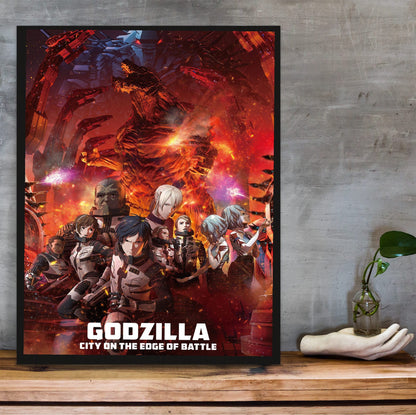 Godzilla: City on the Edge of Battle (2018) Movie Key Art poster in a black frame on a wooden shelf against concrete