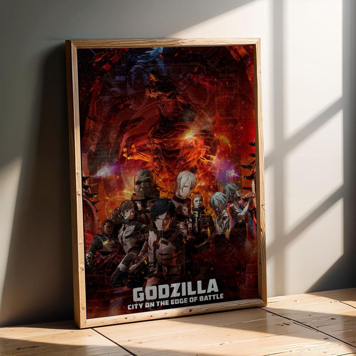 Godzilla: City on the Edge of Battle (2018) Movie Key Art poster in an oak frame leaning on a wooden floor