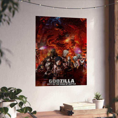 Godzilla: City on the Edge of Battle (2018) Movie Key Art poster unframed on a white wall above a desk