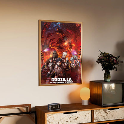 Godzilla: City on the Edge of Battle (2018) Movie Key Art poster in an oak frame above a sideboard