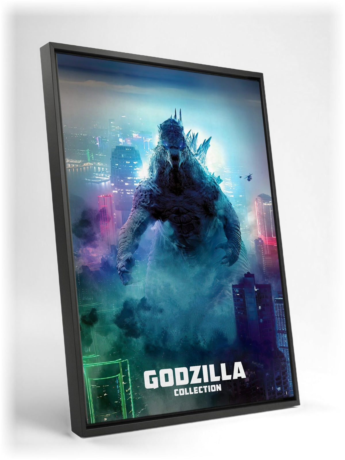 Godzilla Complete Collection Movie Art as a black floater framed canvas leaning against a wall