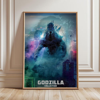 Godzilla Complete Collection Movie Art poster in a light oak frame leaning against a white wall
