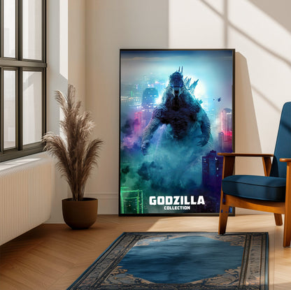Godzilla Complete Collection Movie Art poster framed beside a blue armchair in a sunlit room