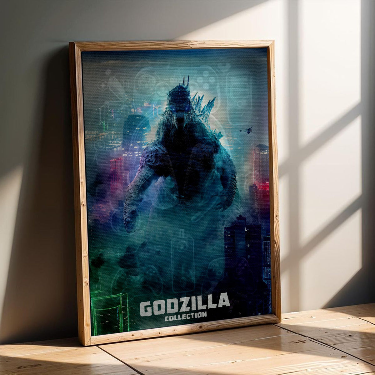 Godzilla Complete Collection Movie Art poster in an oak frame leaning on a wooden floor