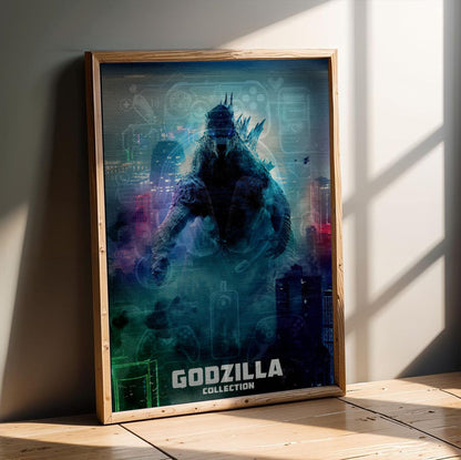 Godzilla Complete Collection Movie Art poster in an oak frame leaning on a wooden floor
