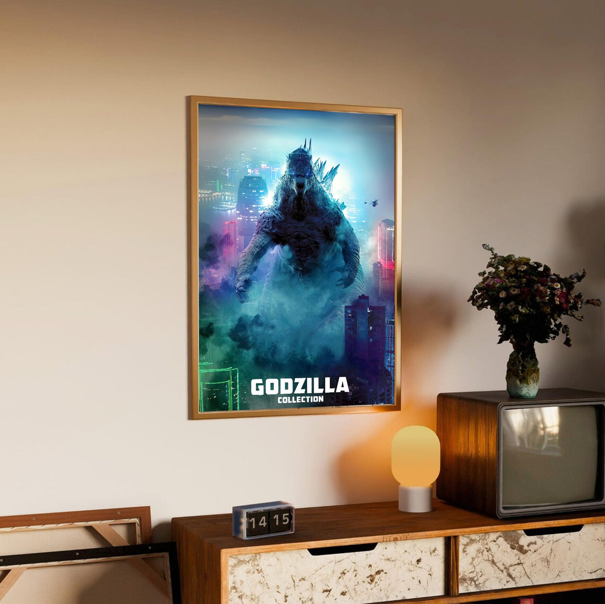 Godzilla Complete Collection Movie Art poster in an oak frame above a sideboard