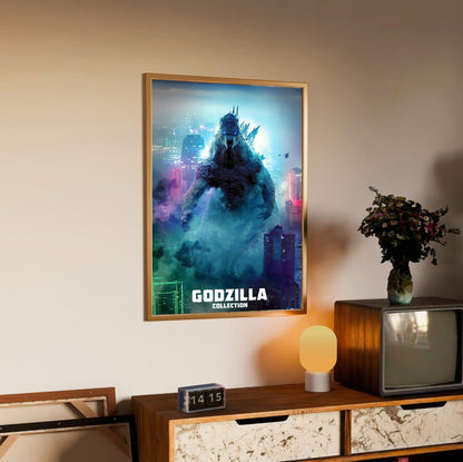 Godzilla Complete Collection Movie Art poster in an oak frame above a sideboard