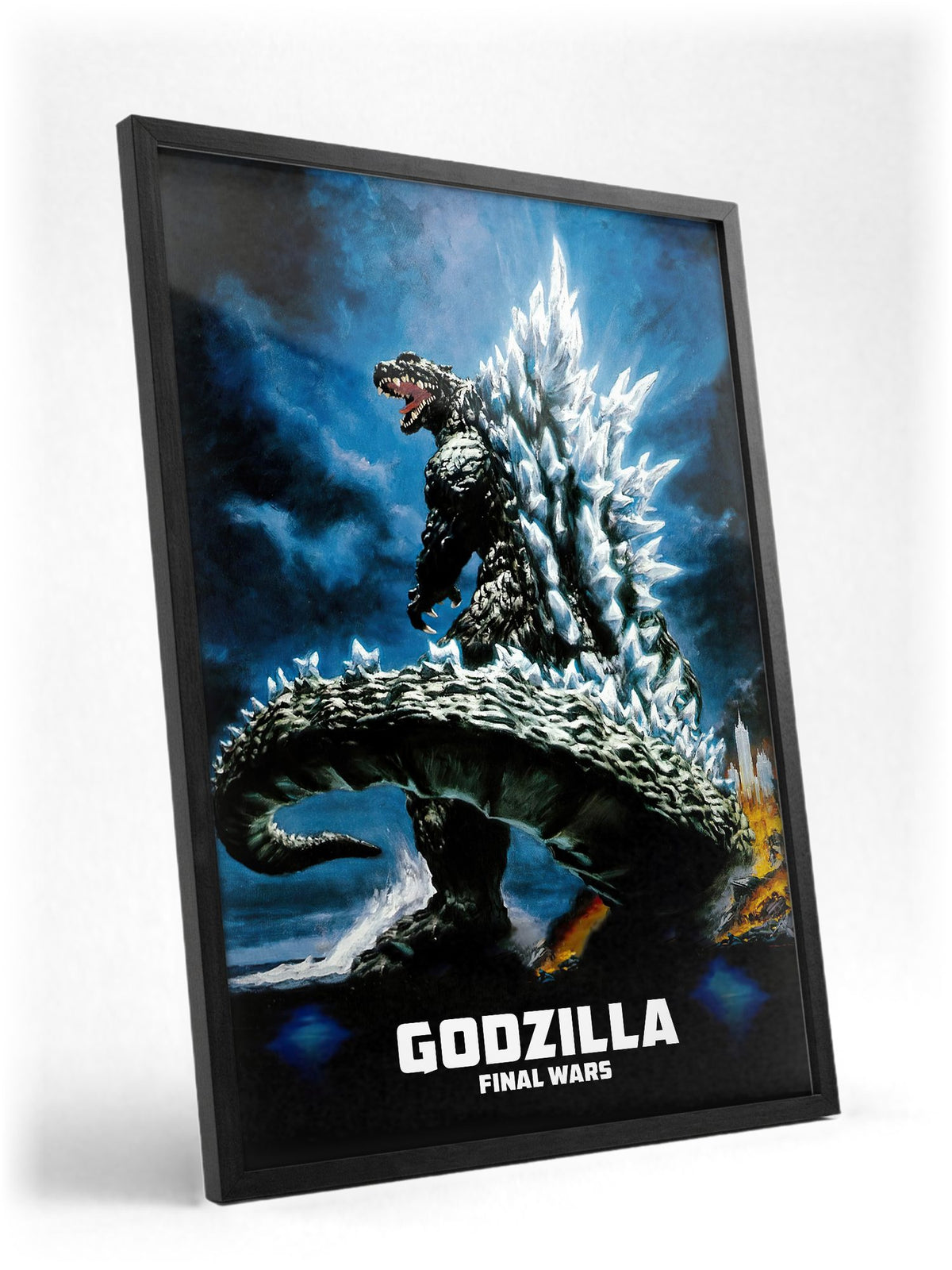 Godzilla: Final Wars (2004) Movie Key Art poster in a black frame with glass leaning against a wall