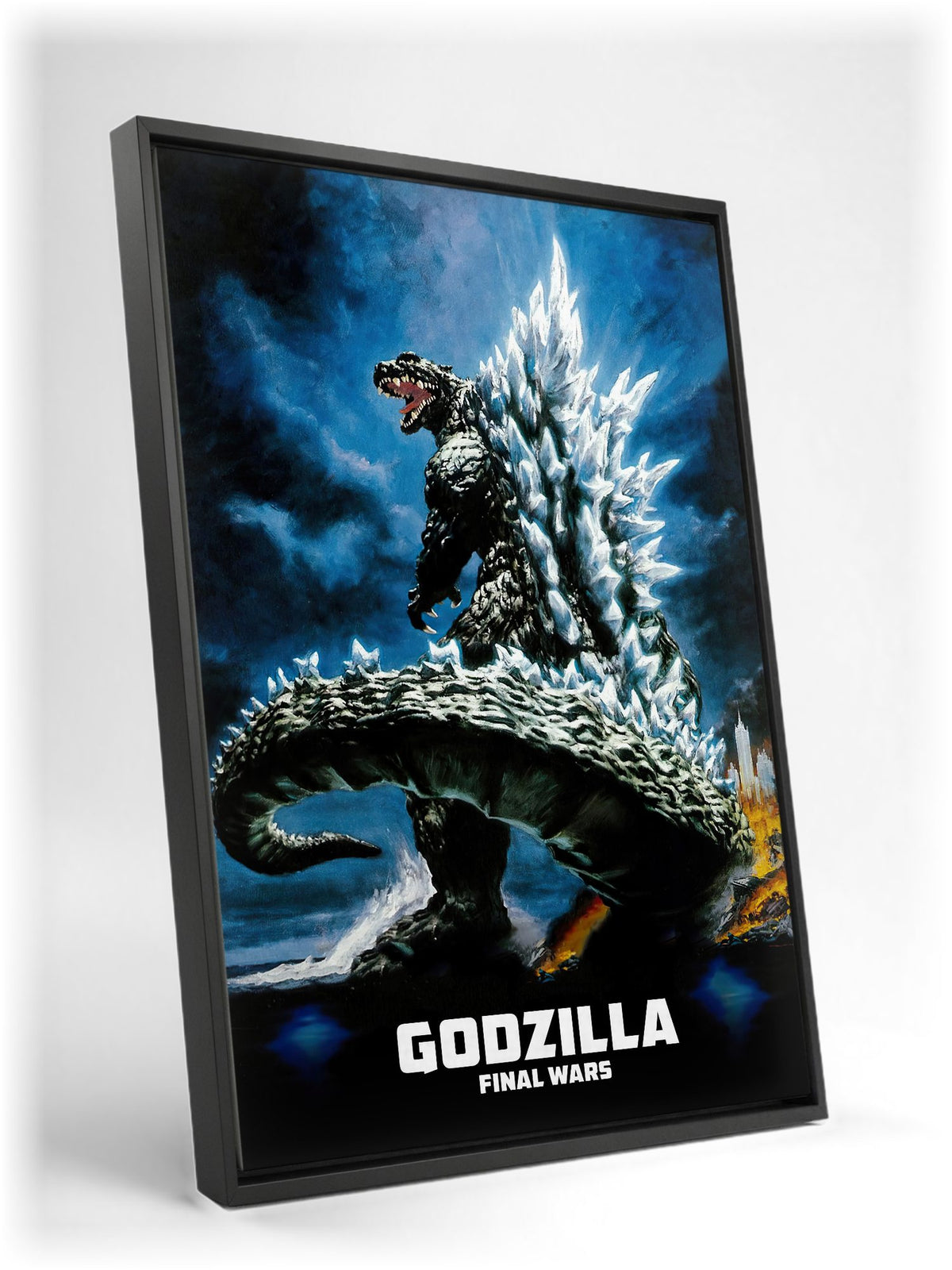 Godzilla: Final Wars (2004) Movie Key Art as a black floater framed canvas leaning against a wall
