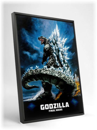 Godzilla: Final Wars (2004) Movie Key Art as a black floater framed canvas leaning against a wall