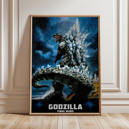 Godzilla: Final Wars (2004) Movie Key Art poster in a light oak frame leaning against a white wall