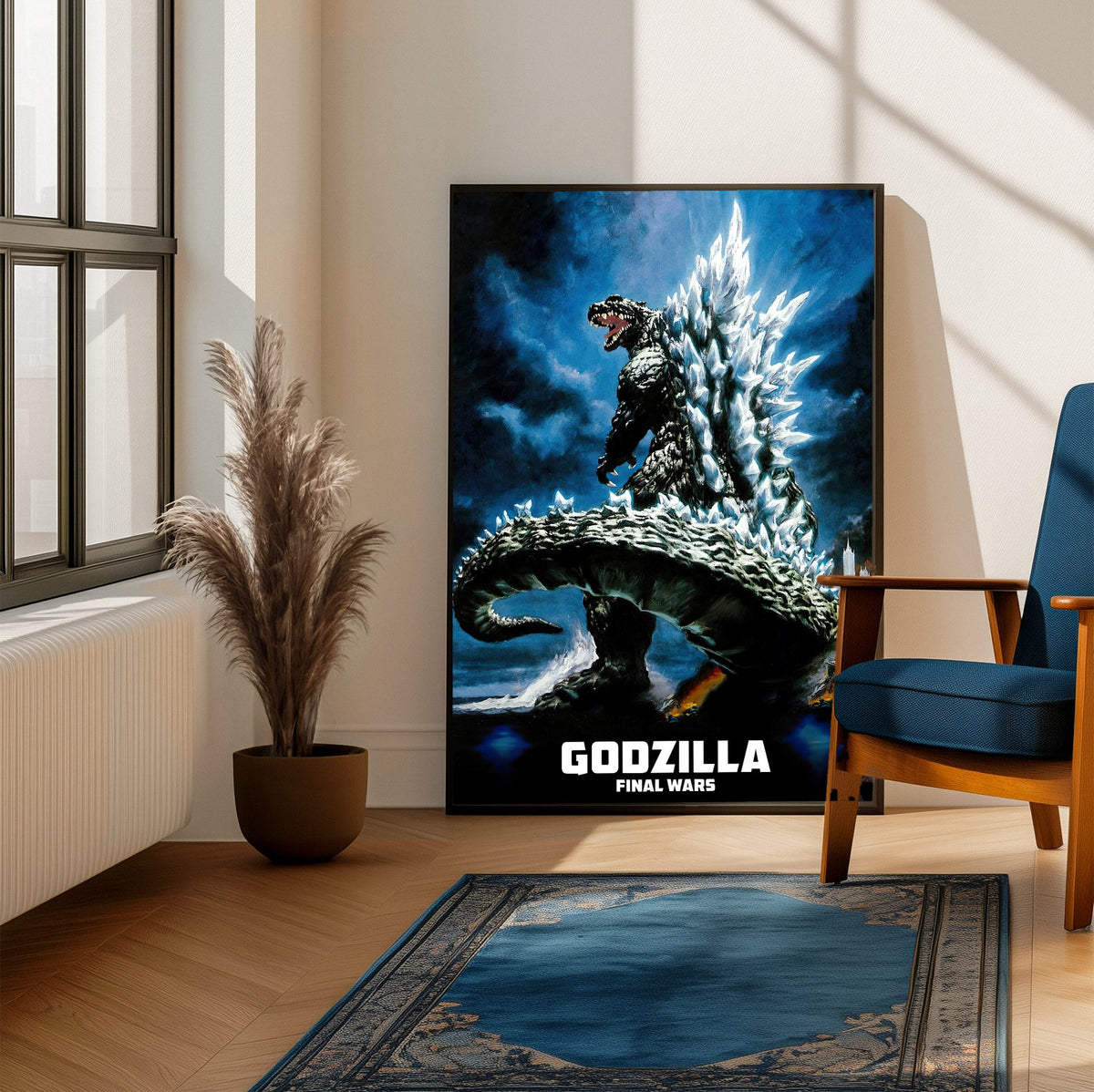 Godzilla: Final Wars (2004) Movie Key Art poster framed beside a blue armchair in a sunlit room