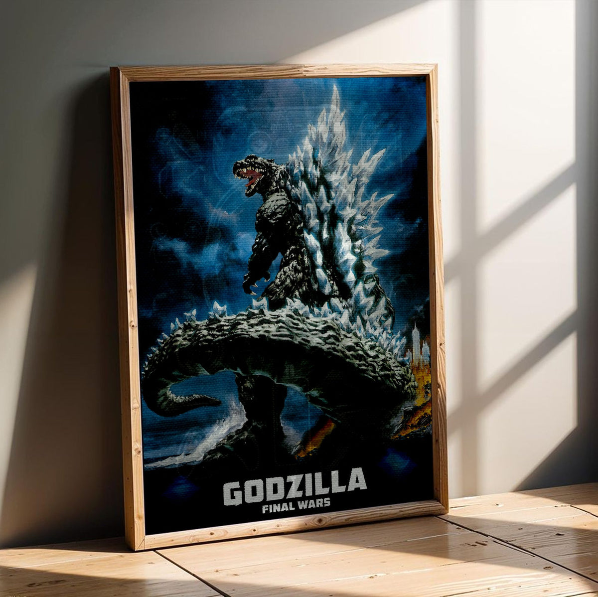 Godzilla: Final Wars (2004) Movie Key Art poster in an oak frame leaning on a wooden floor