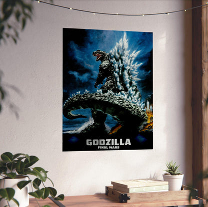 Godzilla: Final Wars (2004) Movie Key Art poster unframed on a white wall above a desk