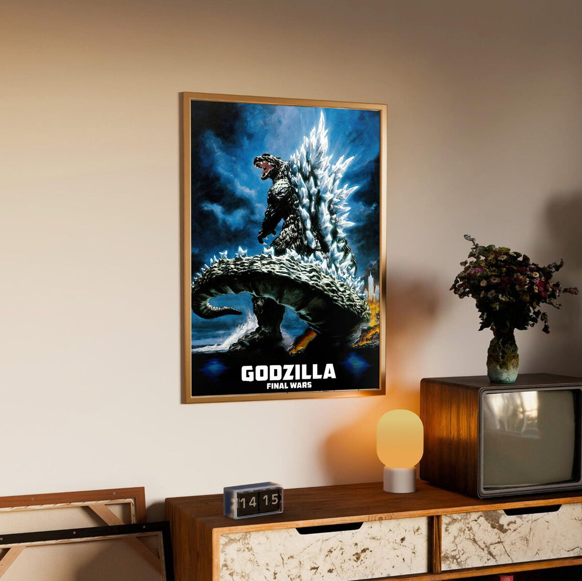 Godzilla: Final Wars (2004) Movie Key Art poster in an oak frame above a sideboard