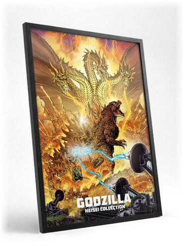 Godzilla Heisei Era Movie Collection Art poster in a black frame with glass leaning against a wall