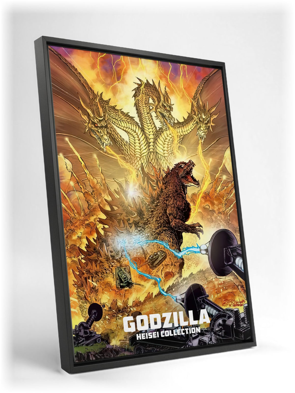 Godzilla Heisei Era Movie Collection Art as a black floater framed canvas leaning against a wall