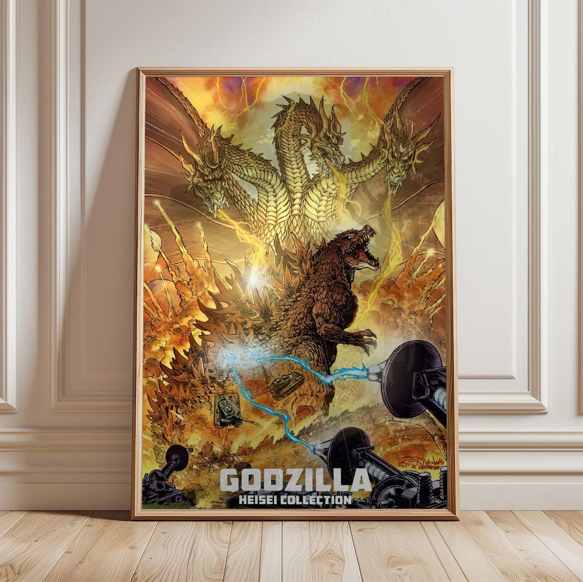 Godzilla Heisei Era Movie Collection Art poster in a light oak frame leaning against a white wall