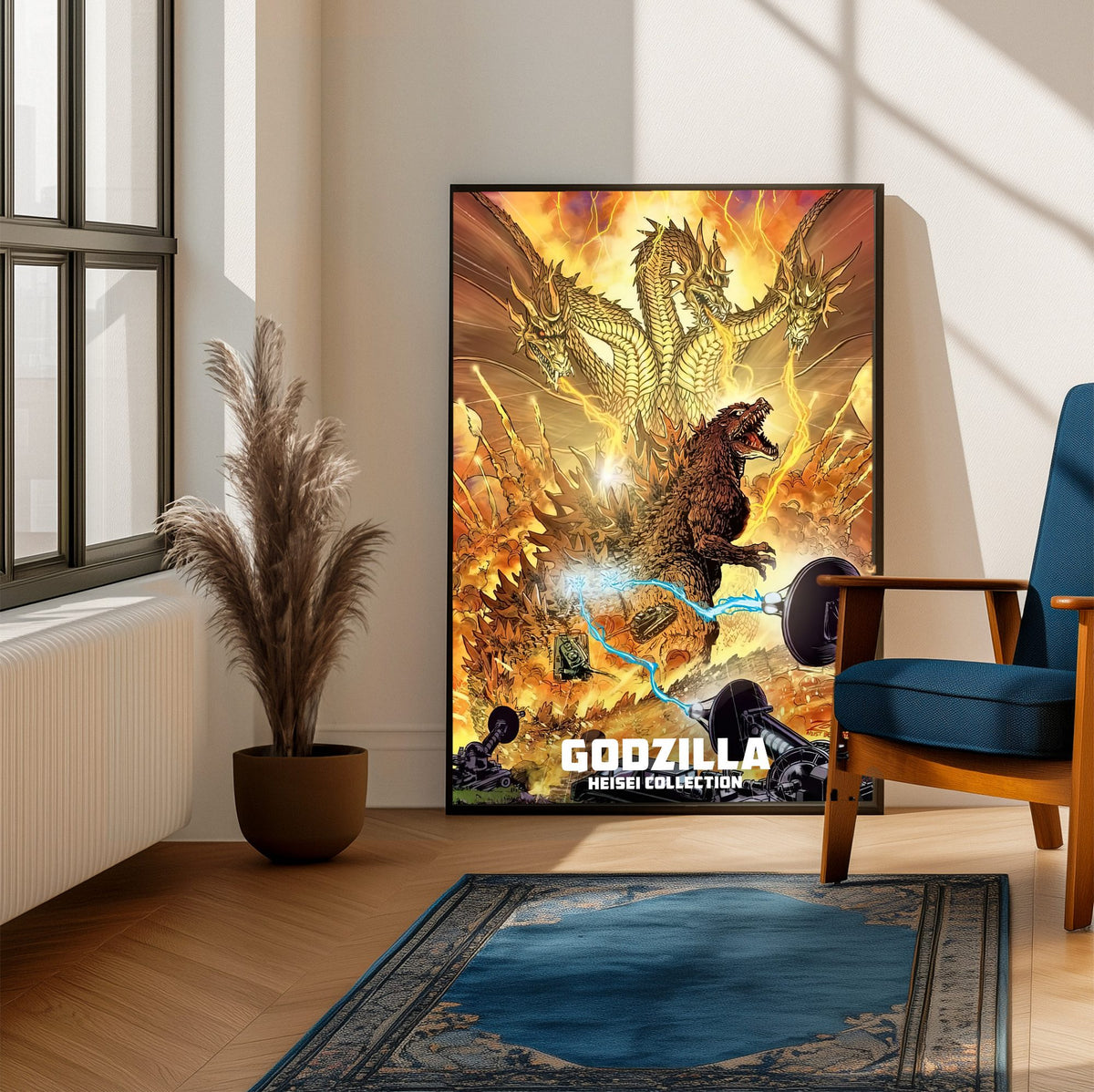 Godzilla Heisei Era Movie Collection Art poster framed beside a blue armchair in a sunlit room