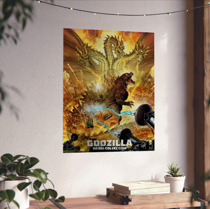 Godzilla Heisei Era Movie Collection Art poster unframed on a white wall above a desk