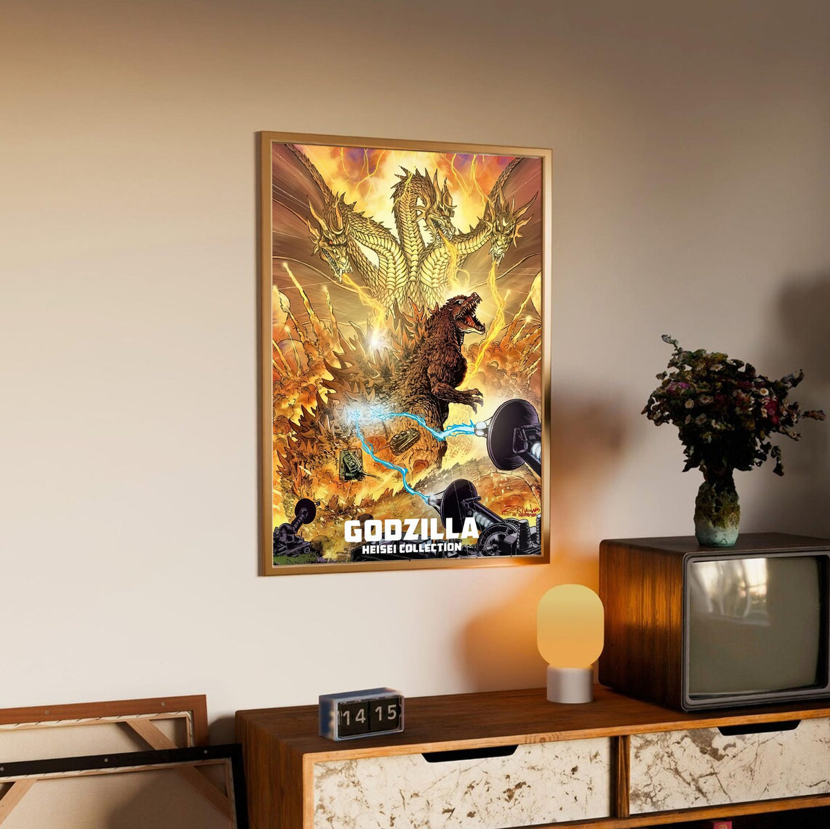 Godzilla Heisei Era Movie Collection Art poster in an oak frame above a sideboard