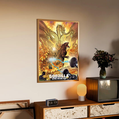 Godzilla Heisei Era Movie Collection Art poster in an oak frame above a sideboard