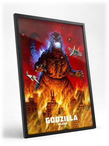 Godzilla Island (1997) Key Art poster in a black frame with glass leaning against a wall