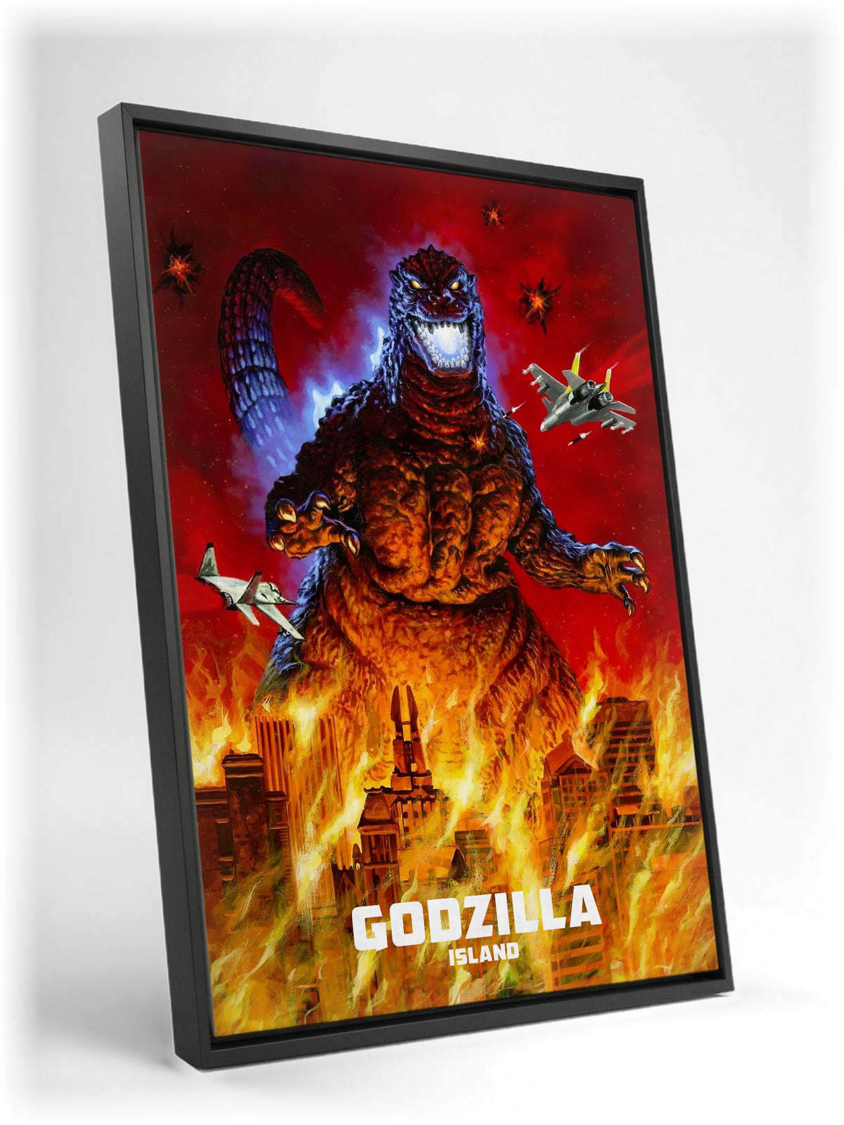 Godzilla Island (1997) Key Art as a black floater framed canvas leaning against a wall