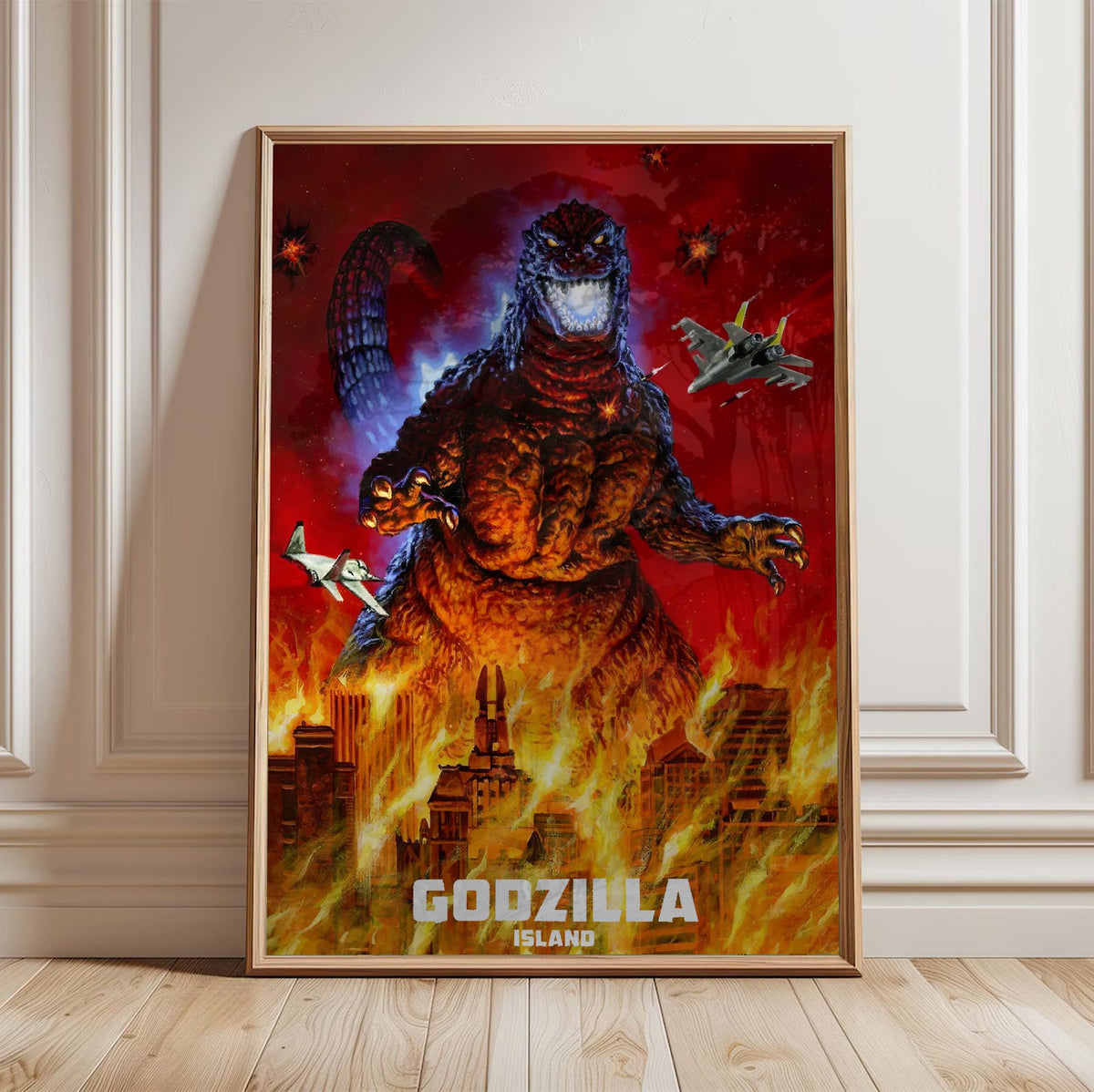 Godzilla Island (1997) Key Art poster in a light oak frame leaning against a white wall