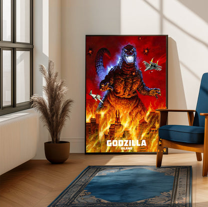 Godzilla Island (1997) Key Art poster framed beside a blue armchair in a sunlit room