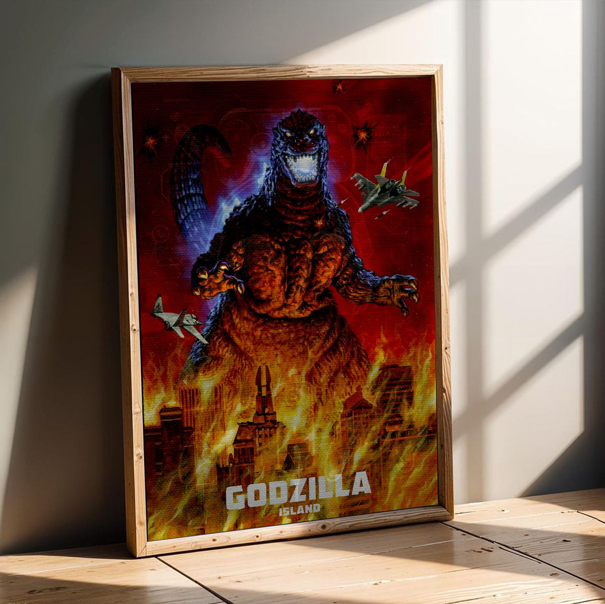 Godzilla Island (1997) Key Art poster in an oak frame leaning on a wooden floor