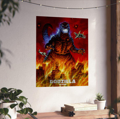 Godzilla Island (1997) Key Art poster unframed on a white wall above a desk