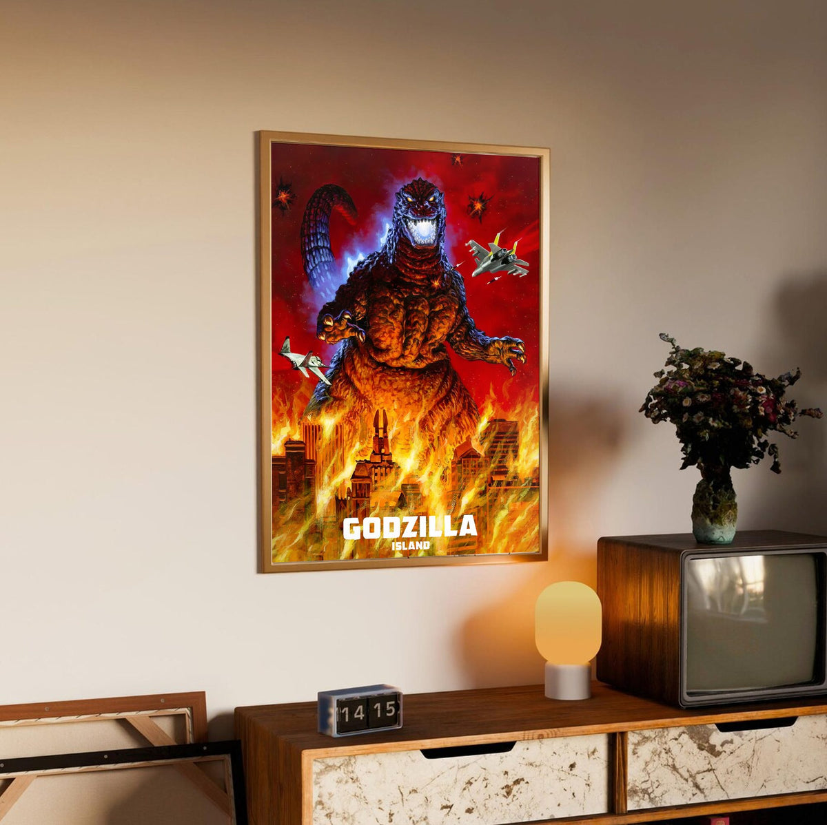Godzilla Island (1997) Key Art poster in an oak frame above a sideboard