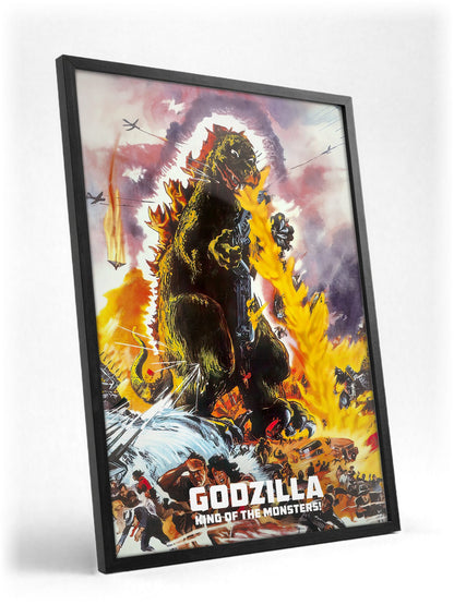 Godzilla, King of the Monsters! (1956) Movie Illustrated Art poster in a black frame with glass leaning against a wall