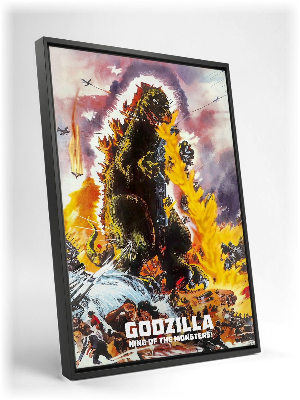 Godzilla, King of the Monsters! (1956) Movie Illustrated Art as a black floater framed canvas leaning against a wall