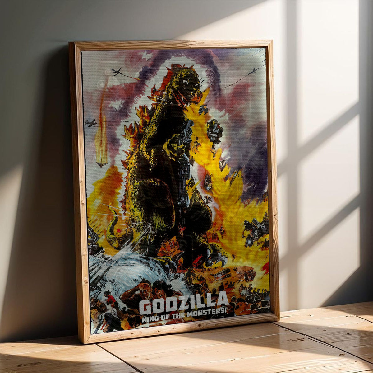 Godzilla, King of the Monsters! (1956) Movie Illustrated Art poster in an oak frame leaning on a wooden floor