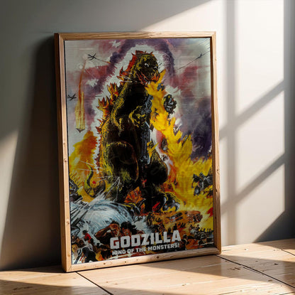 Godzilla, King of the Monsters! (1956) Movie Illustrated Art poster in an oak frame leaning on a wooden floor