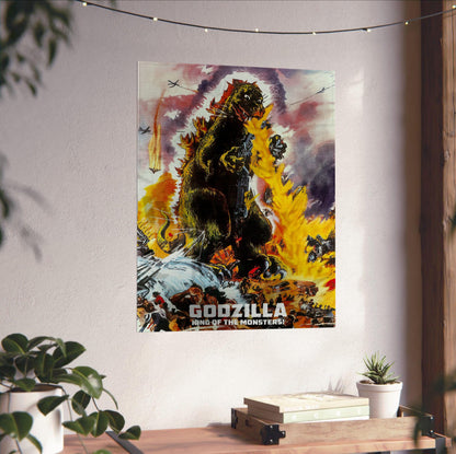 Godzilla, King of the Monsters! (1956) Movie Illustrated Art poster unframed on a white wall above a desk