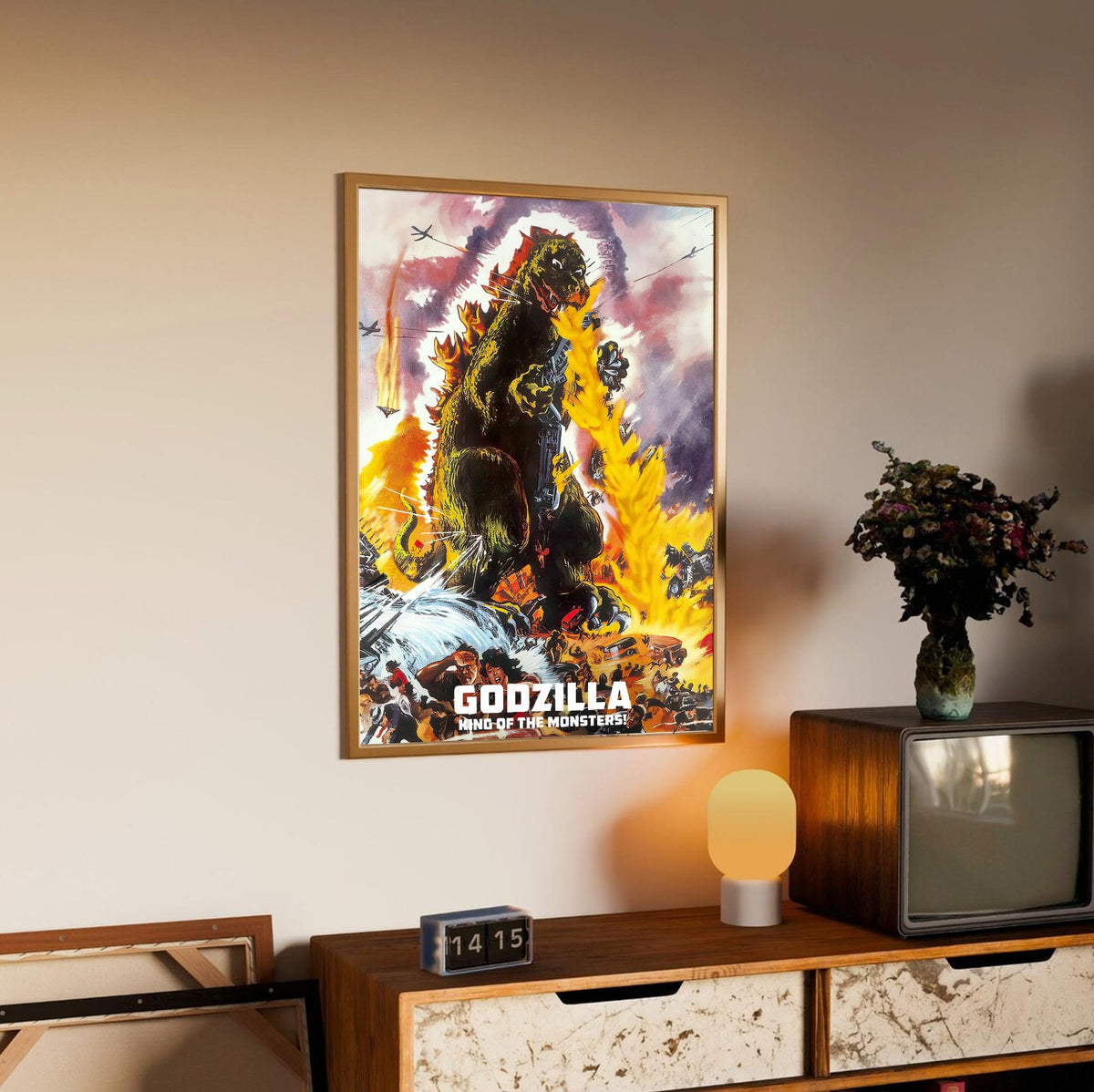 Godzilla, King of the Monsters! (1956) Movie Illustrated Art poster in an oak frame above a sideboard