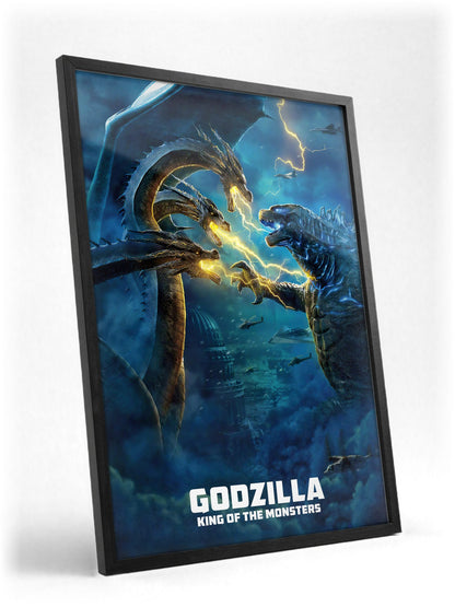 Godzilla: King of the Monsters (2019) Movie Ghidorah Battle Art poster in a black frame with glass leaning against a wall
