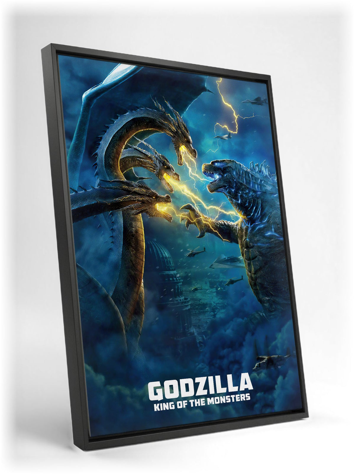 Godzilla: King of the Monsters (2019) Movie Ghidorah Battle Art as a black floater framed canvas leaning against a wall