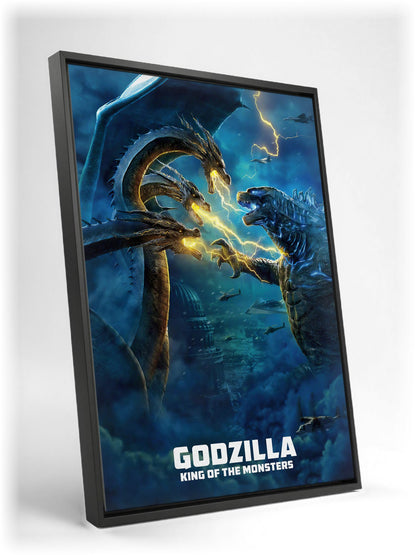 Godzilla: King of the Monsters (2019) Movie Ghidorah Battle Art as a black floater framed canvas leaning against a wall