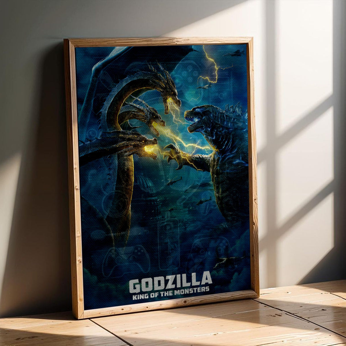 Godzilla: King of the Monsters (2019) Movie Ghidorah Battle Art poster in an oak frame leaning on a wooden floor
